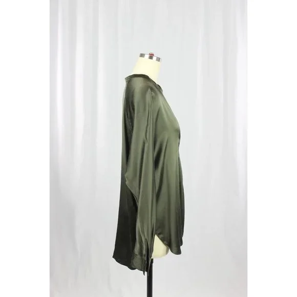 VINCE Olive Green Silk Charmeuse Split Neck Relaxed Tunic Blouse, Size S - Picture 5 of 15